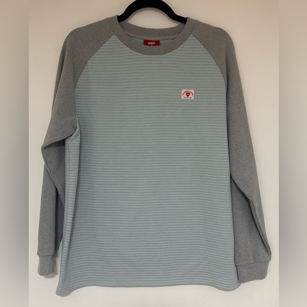 Men’s Check it Out Blue and Gray Striped Velour Sweatshirt Size Medium